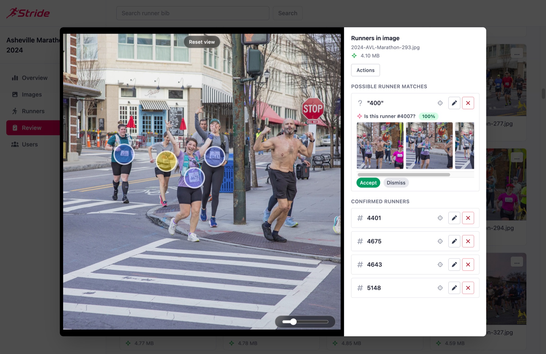 The Stride dashboard reviewing a race photo