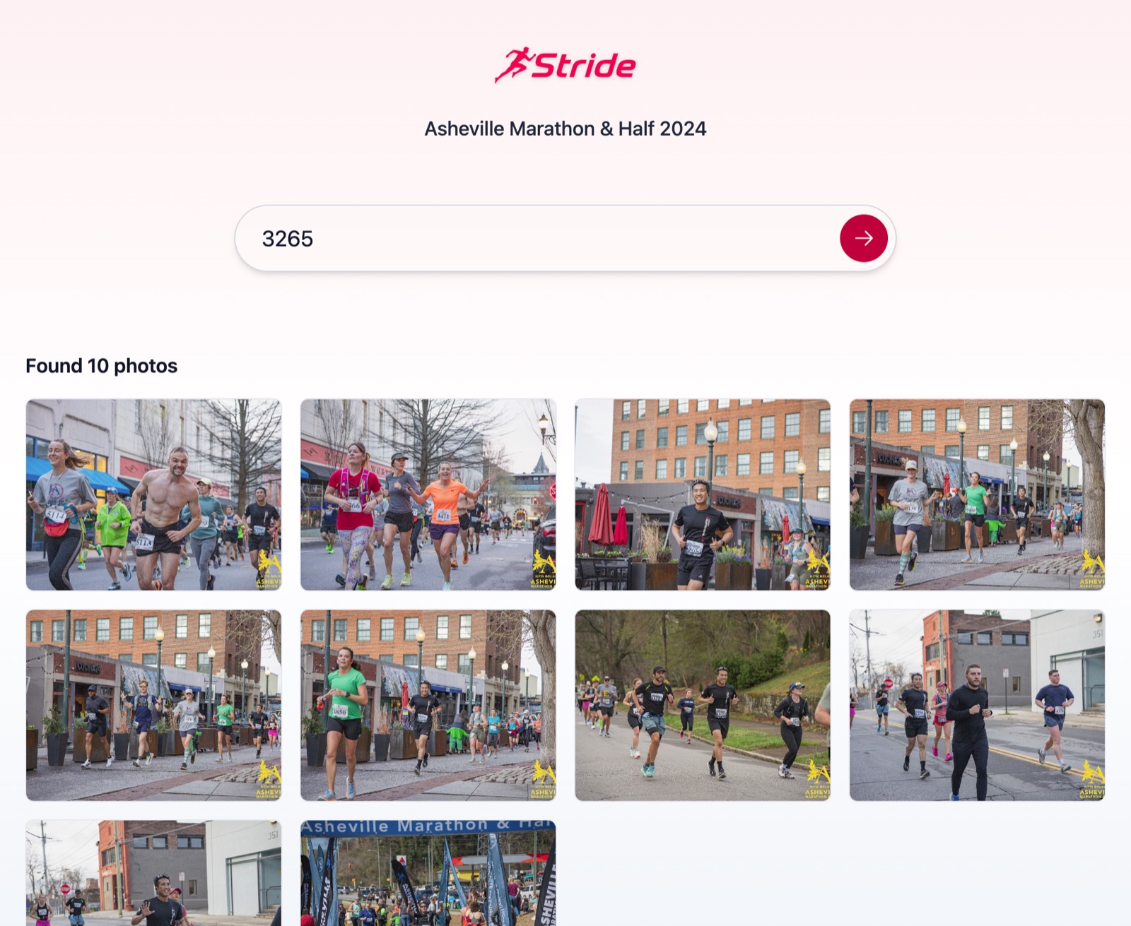 A runner's Stride gallery after searching their bib
